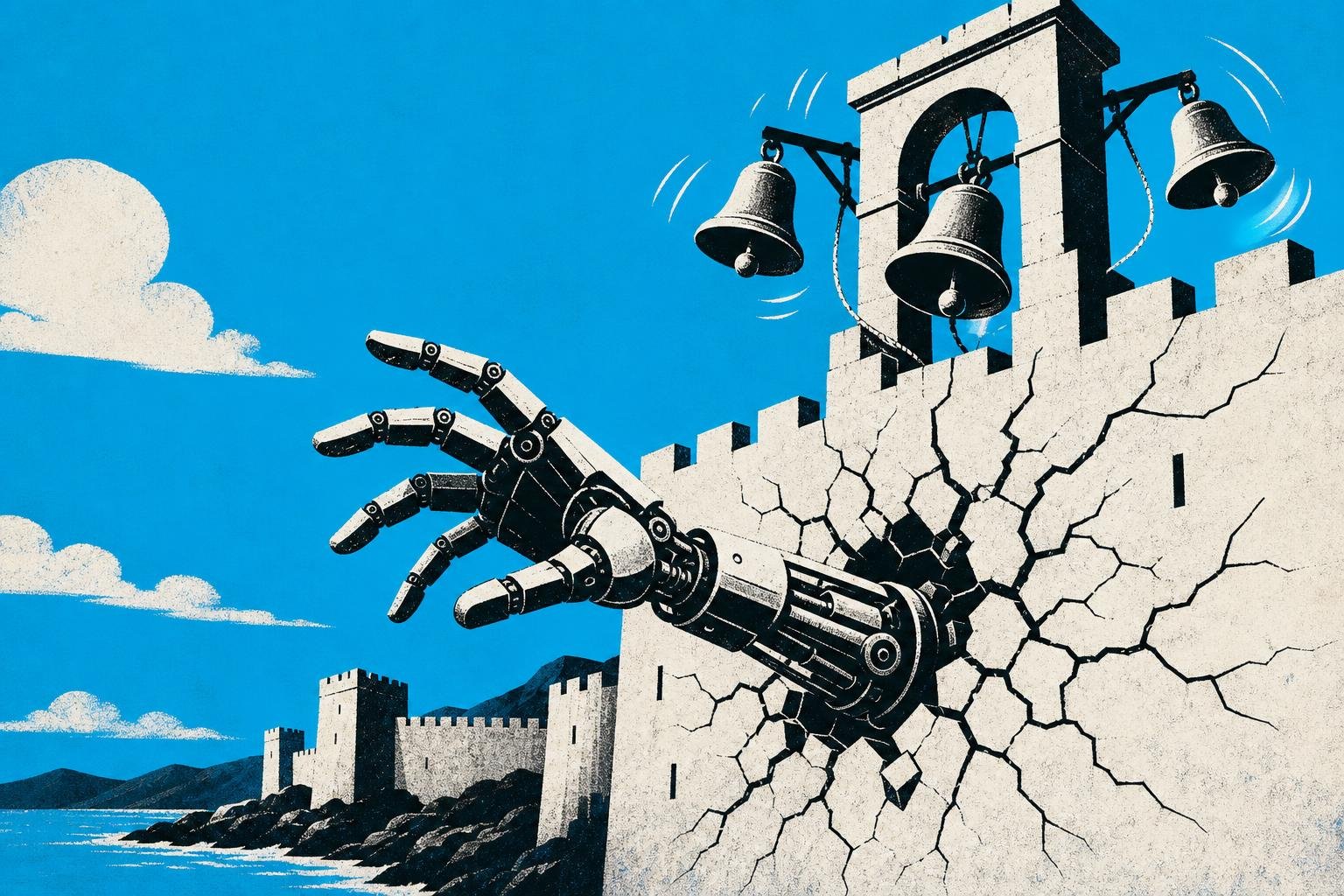 A mechanical hand reaches through a fortress wall, leaving cracks spreading outward like a spider's web, while alarm bells swing wildly above.