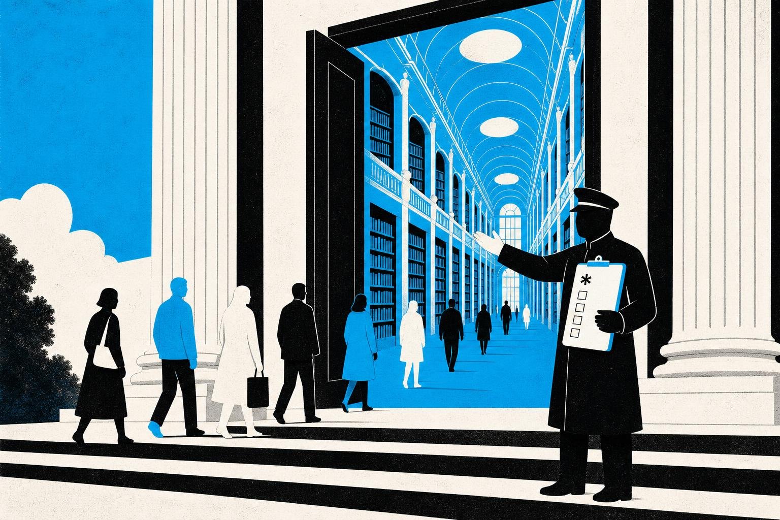A guard stands at a vast library's entrance, their checklist beginning with a blank asterisk, waving through every visitor who approaches without questioning what they're actually permitted to access inside.