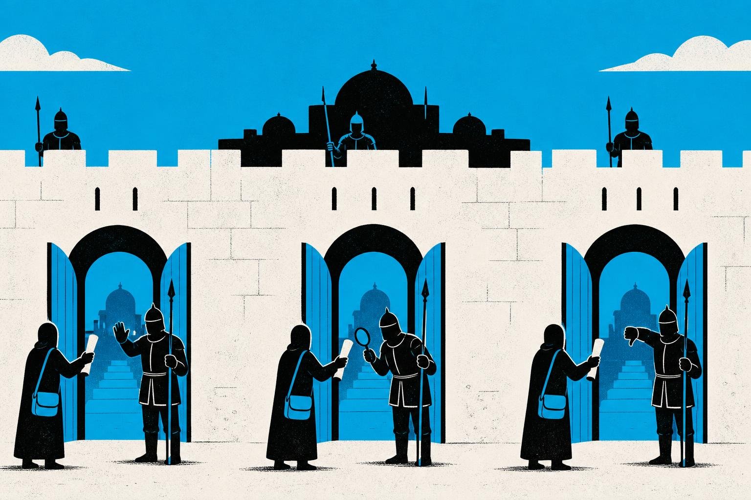 A fortress wall with three identical breach points stands exposed as guards repeatedly fail to verify the true identity of approaching messengers before granting passage to forbidden inner chambers.