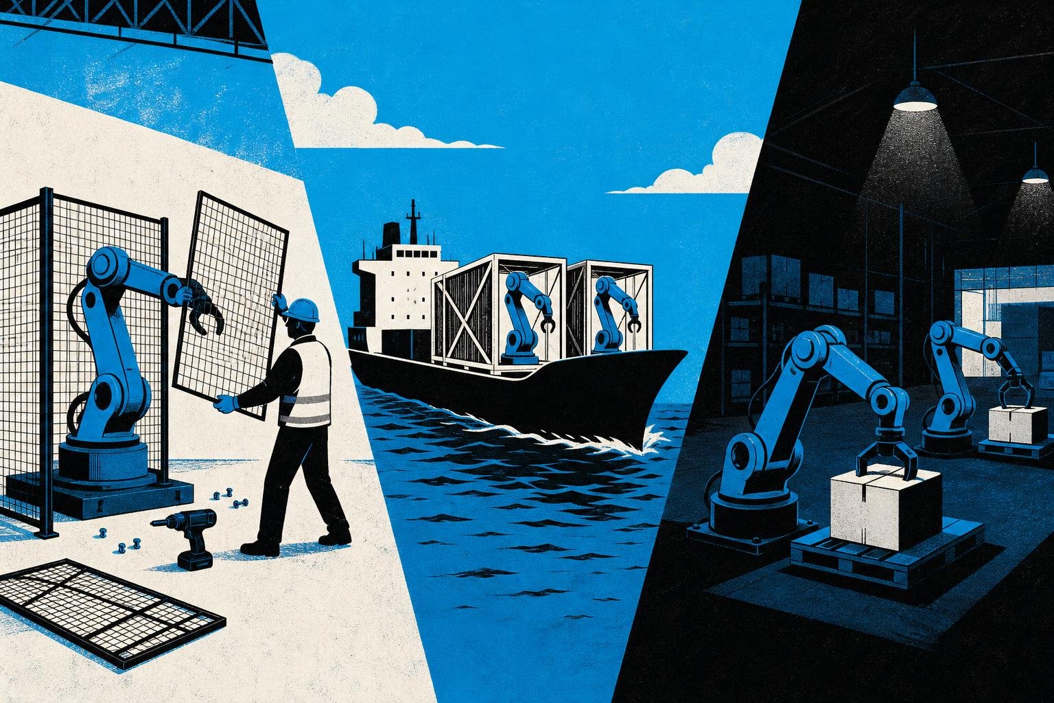 A factory worker removes safety cages from two industrial robots, then ships them across an ocean to a dimly-lit warehouse where they operate unsupervised.