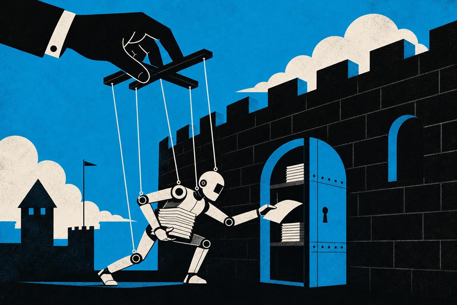 A puppet master's strings guide a mechanical servant to retrieve forbidden documents from locked rooms behind a castle wall.
