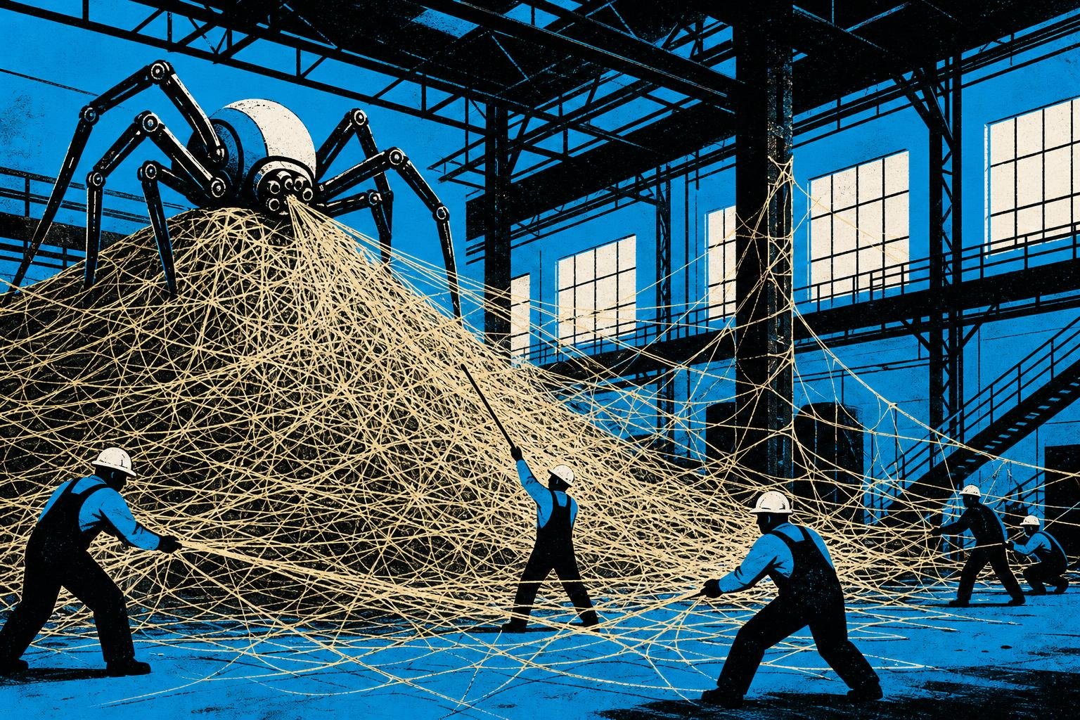 A mechanical spider spins an endless web of golden thread across a factory floor, the pile growing faster than workers can contain it, threatening to collapse the warehouse.