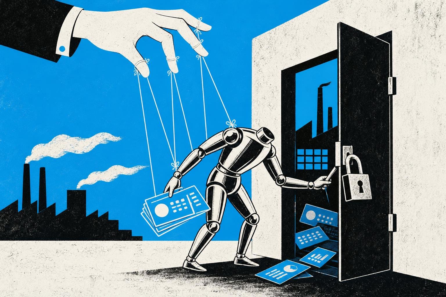 A puppet master's invisible strings guide a headless chrome mannequin to peer behind a locked factory door, extracting glowing data cards from the shadows within.