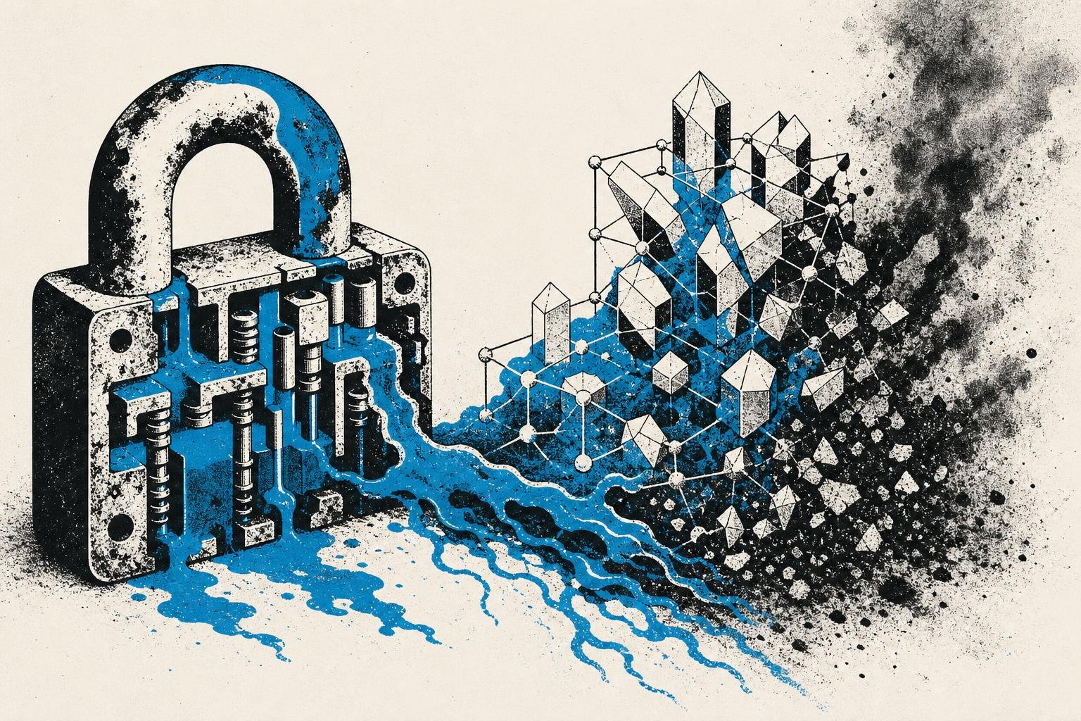 A corroded lock mechanism fails to contain poisoned ink, allowing it to seep through sealed chambers and dissolve an entire crystalline network into ash.