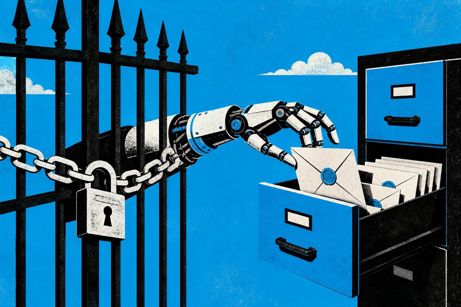 A mechanical hand reaches through a locked gate into a filing cabinet, extracting sealed envelopes despite the chain barrier intended to block it.