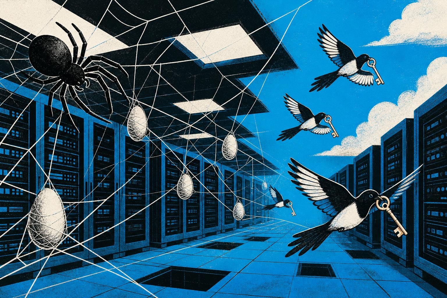 A spider weaves its web across server rooms, depositing egg-shaped pods that hatch into messenger birds carrying stolen golden keys.