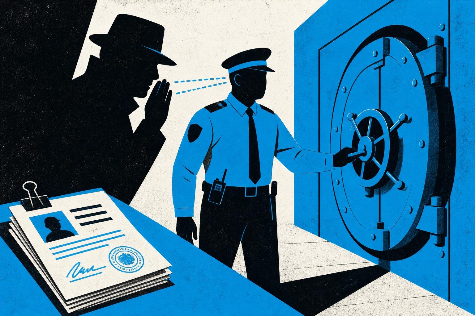A locked vault's security guard suddenly obeys commands whispered by a shadowy figure who rewrote the guard's instruction manual with forged credentials.