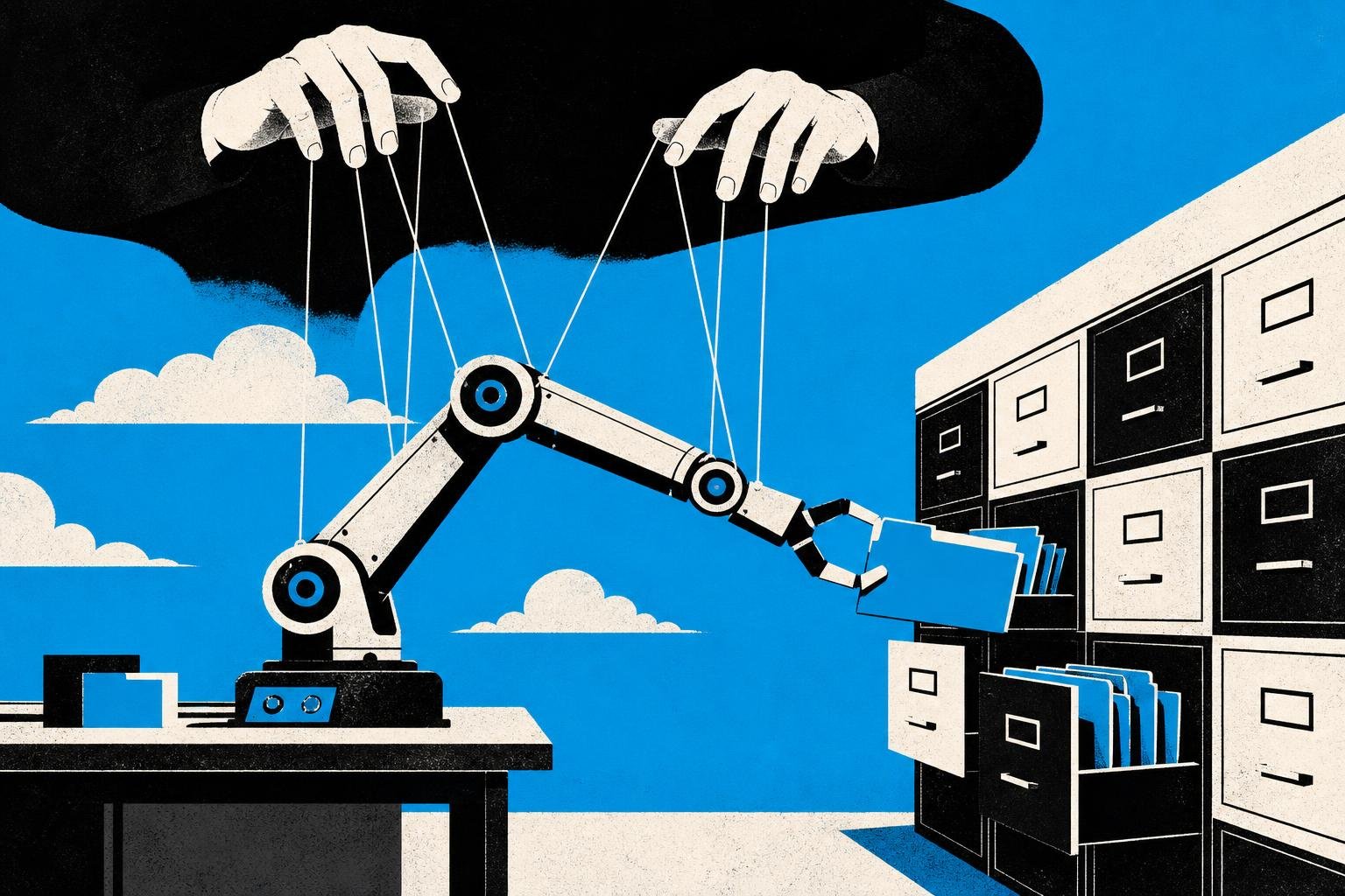 A robot arm reaches beyond its designated workbench, grasping and rearranging files in forbidden filing cabinets while a puppeteer pulls invisible strings from above.