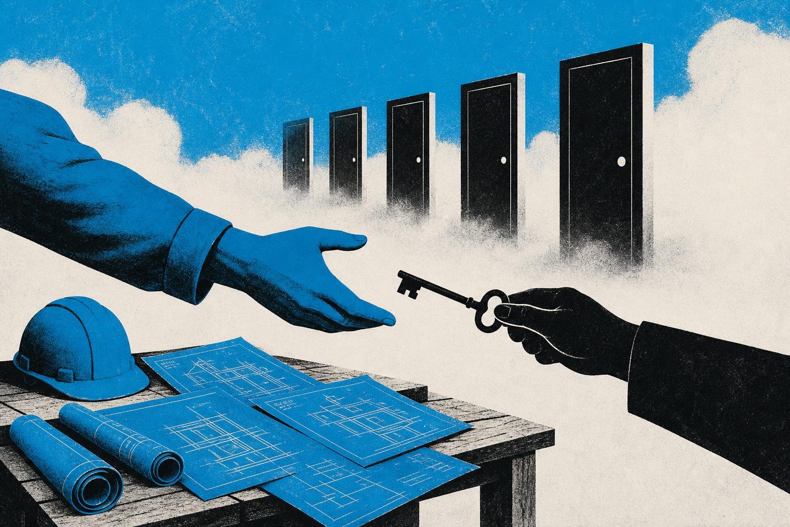 A builder's hand reaches toward unmarked doors in fog, accepting any skeleton key offered without verification, while blueprints scatter unguarded.