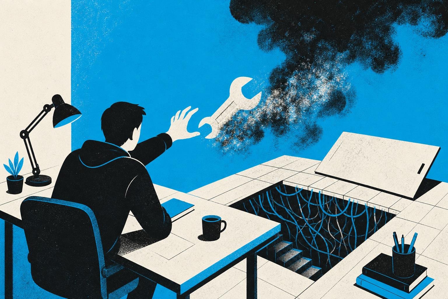 A developer reaches for a tool marked with a familiar logo, but it dissolves into smoke, revealing tangled wires and a hidden trap door beneath.