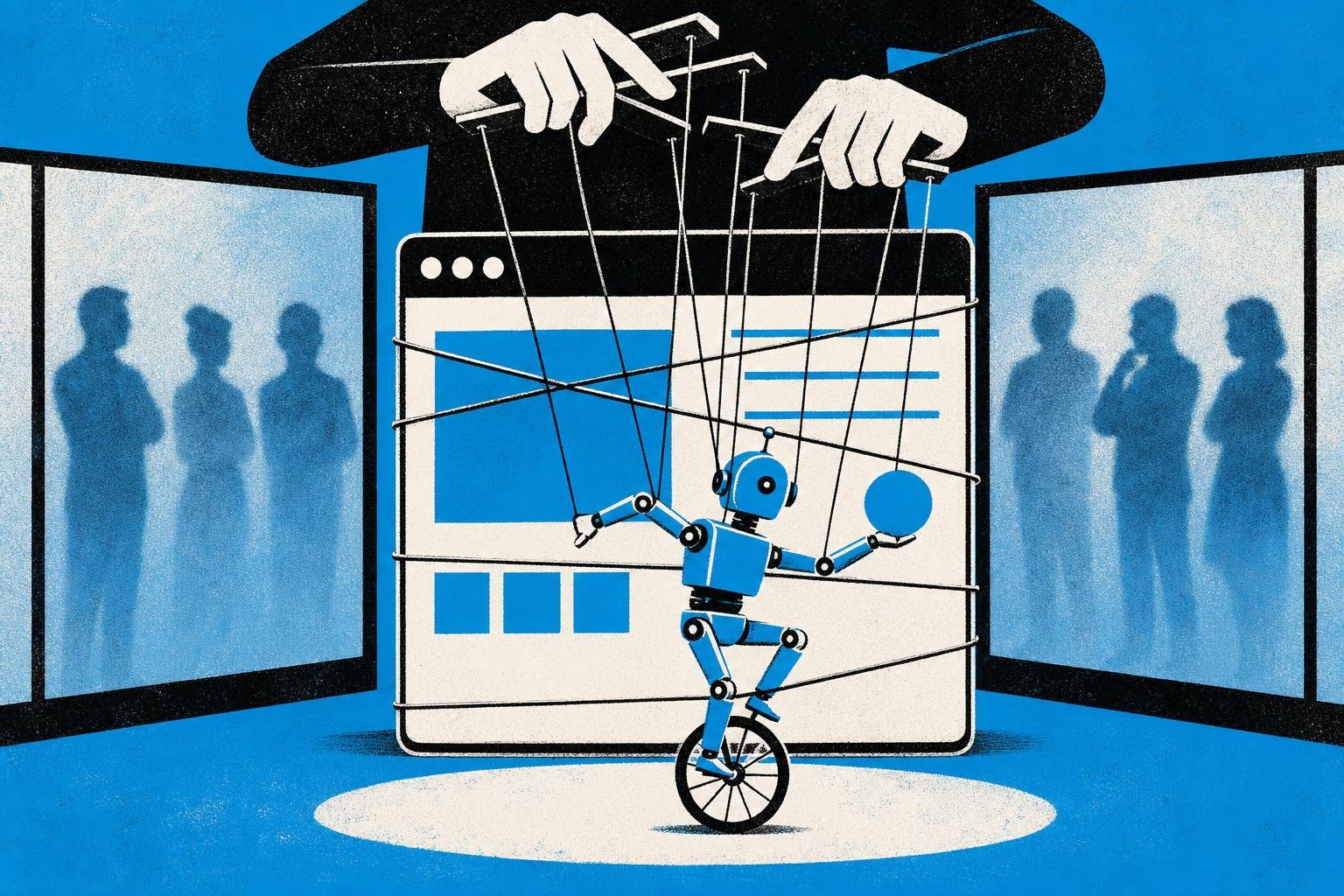 A puppet master's strings wrap around a browser window, forcing its mechanical assistant to perform unintended tricks while observers watch silently through frosted glass.