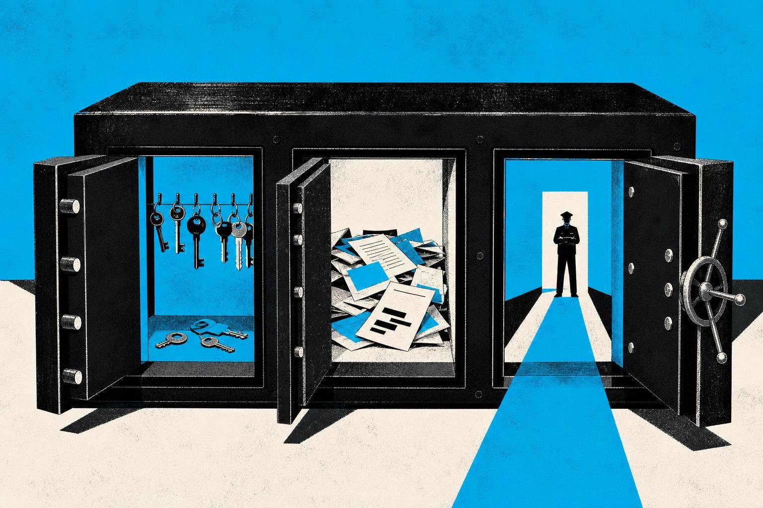 A locked vault's three doors swing open simultaneously—one revealing stolen keys, another exposing scattered documents, a third bypassing the guard entirely.