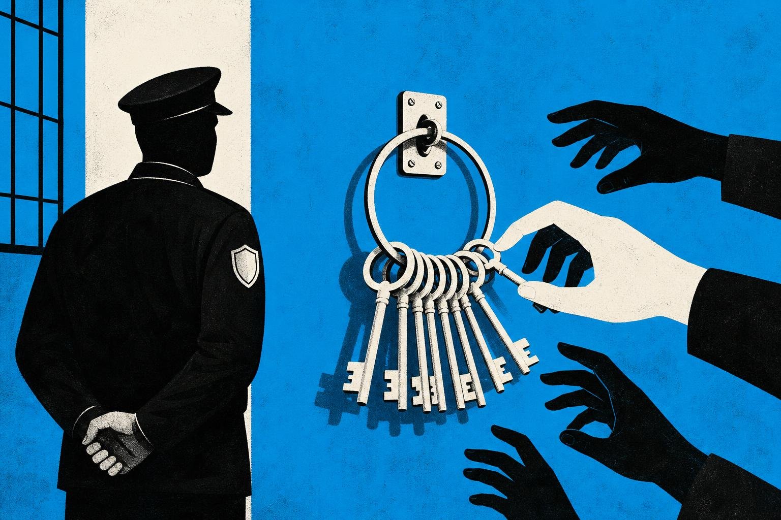 A locksmith's ring of master keys hangs vulnerable on a wall as unauthorized hands reach past the guard, selecting any key they need before the lock resets.