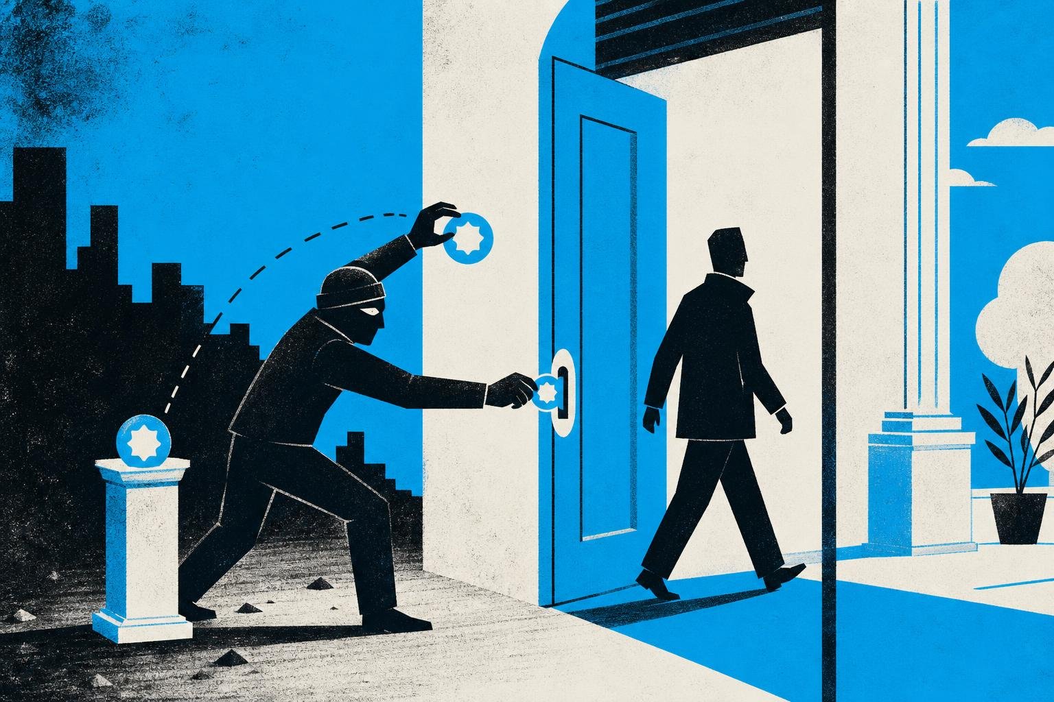 A thief plucks a glowing token from midair, inserts it into a locked door, and walks straight through as the rightful owner.