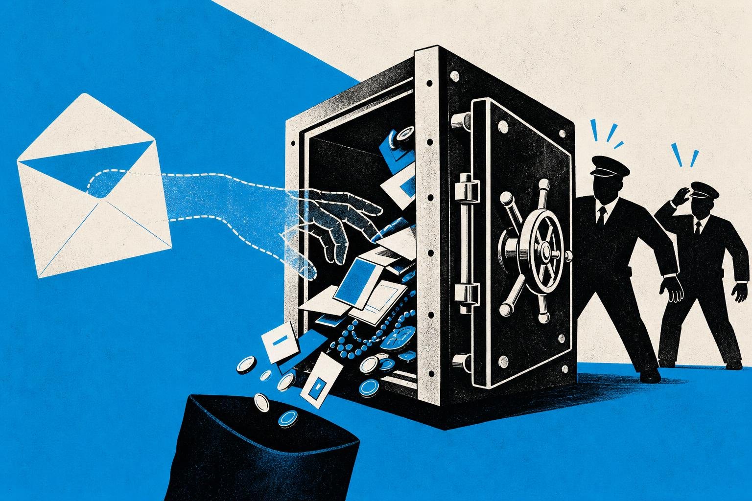 A invisible hand reaches through an envelope, triggering a mechanical vault to spill its contents into an unseen pocket before guards notice.