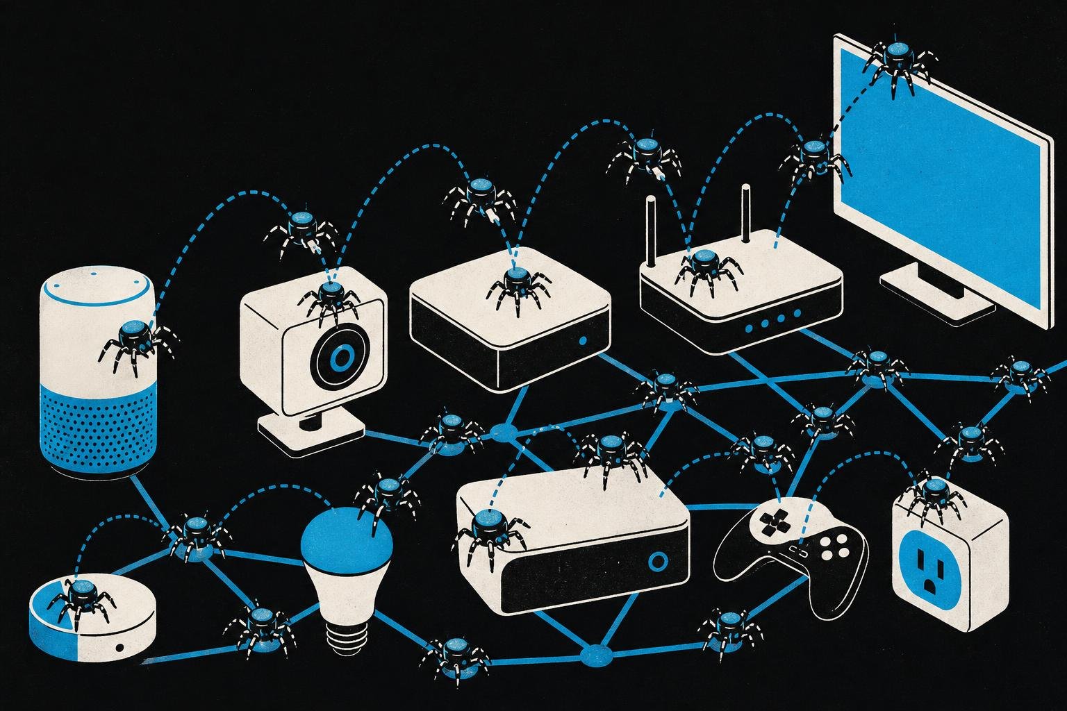 A swarm of small mechanical spiders crawls across interconnected smart devices, each one duplicating itself and leaping to the next box in an unstoppable chain reaction across a dark network.
