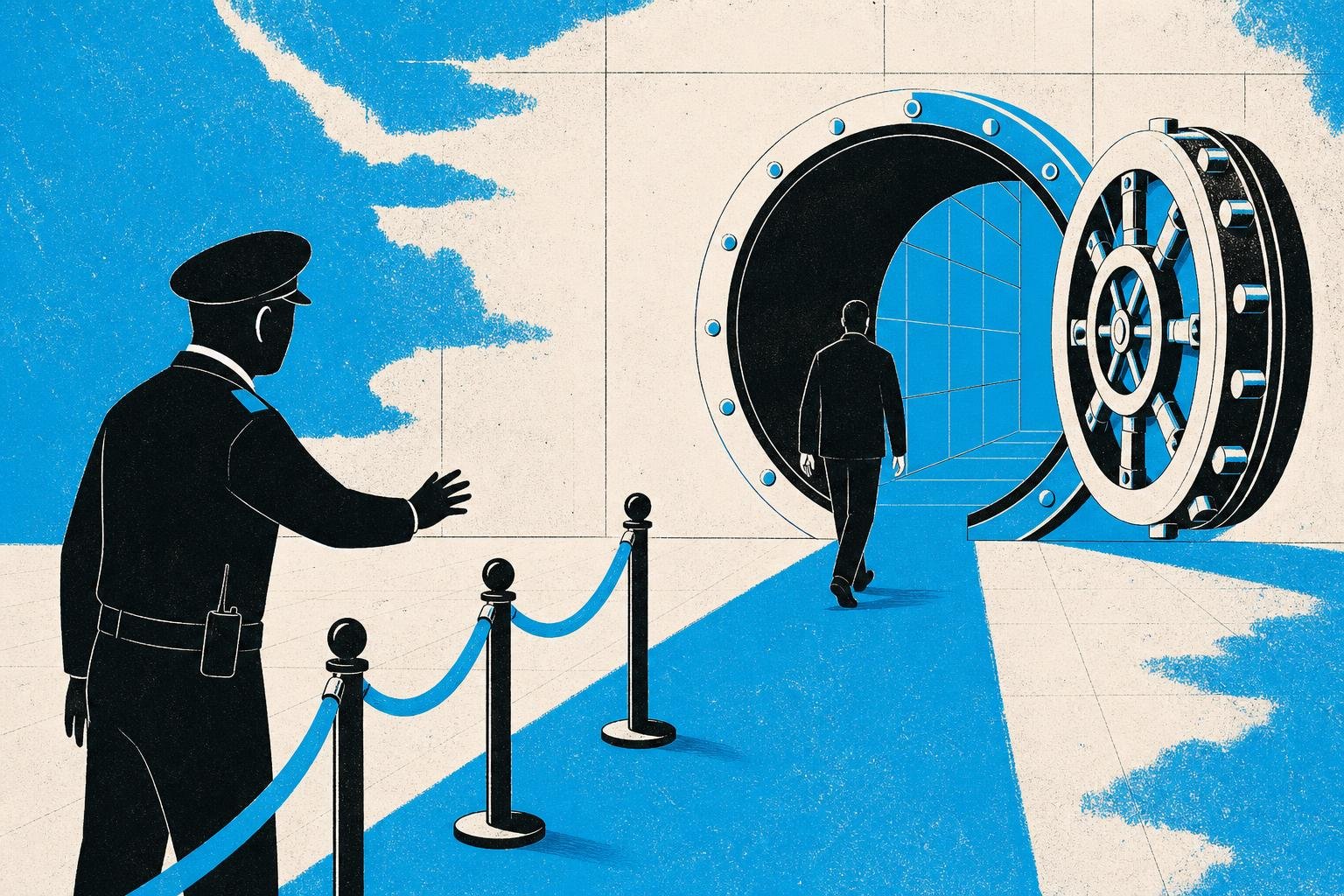 A uniformed guard watches helplessly as someone walks past the velvet rope directly to the vault, bypassing the checkpoint entirely.