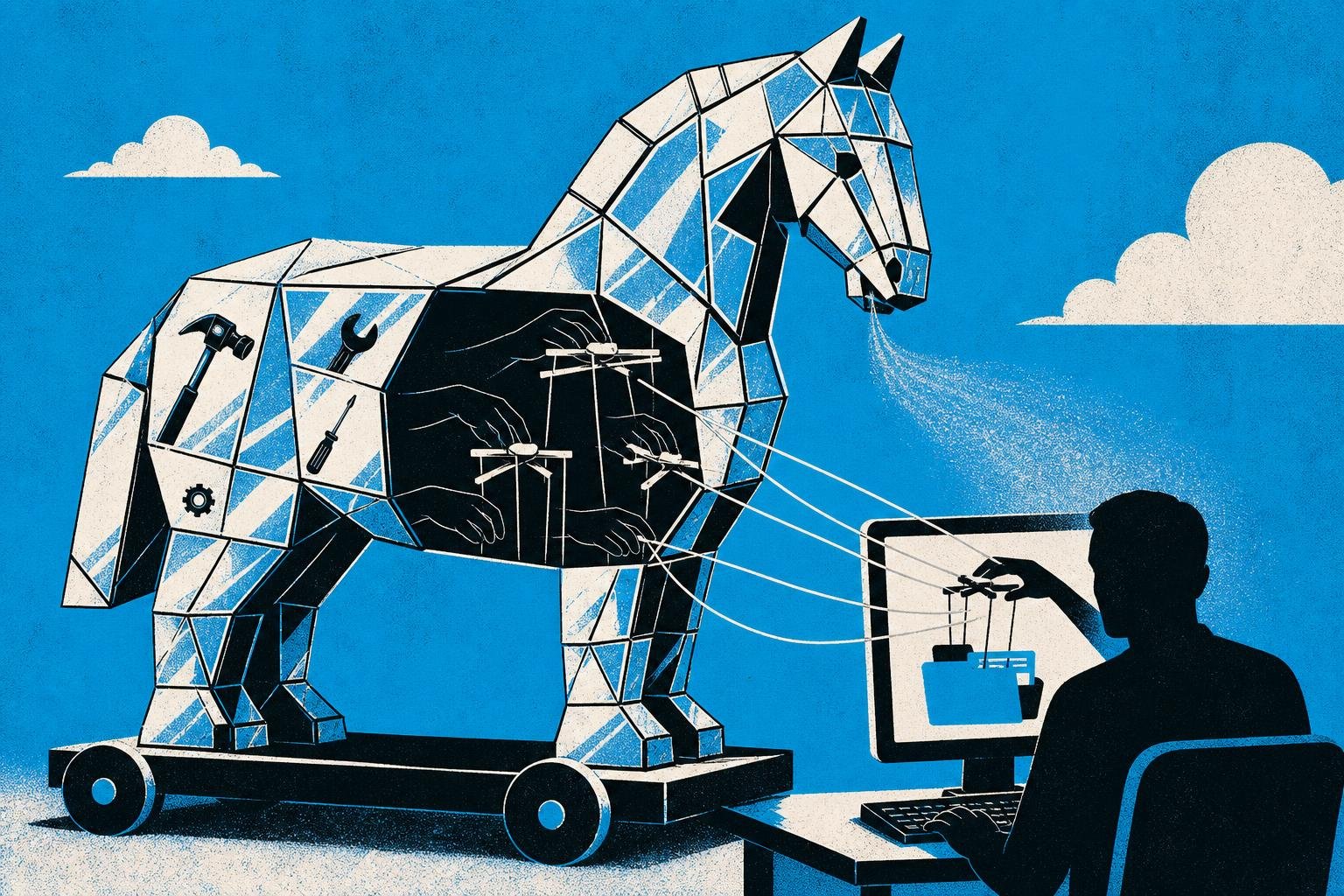A trojan horse made of mirrors reflects legitimate tools while hidden hands inside puppet-master the victim's computer through whispered commands.