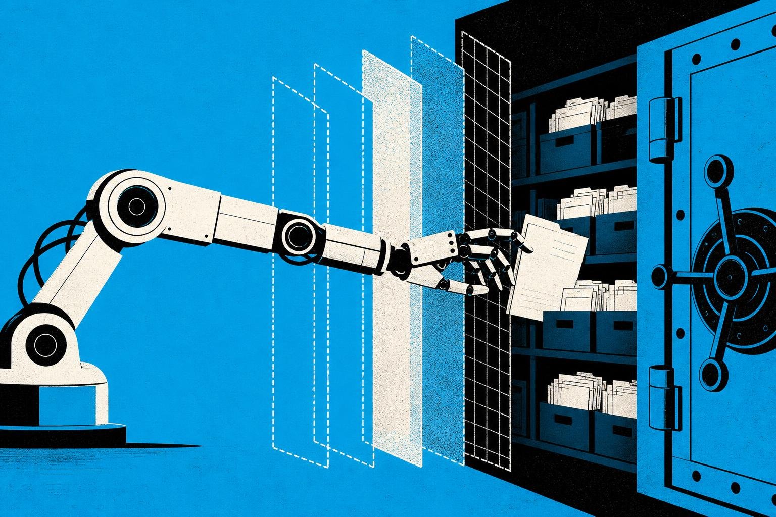 A robot's mechanical arm reaches beyond an invisible fence, fingers stretching through layered walls to pluck documents from deep inside a locked archive.