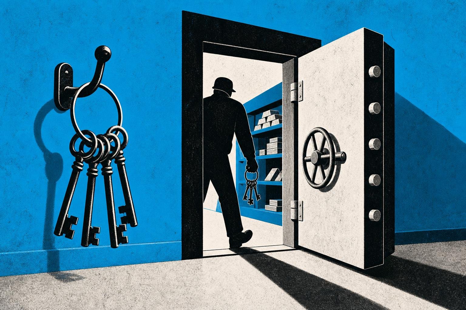 A keymaster's ring hangs on a public hook; anyone entering the unlocked door can grab it and open the vault behind, stealing what was meant to stay hidden inside.
