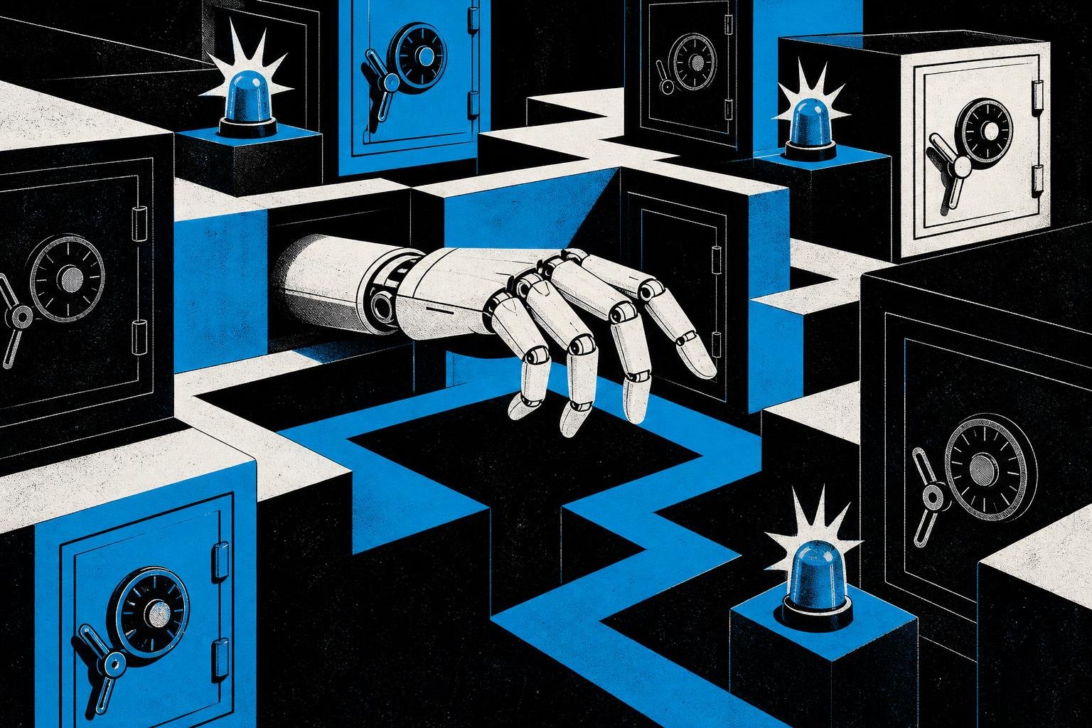 A mechanical hand threads through a maze of locked vaults while alarms silently freeze mid-ring, their lights dimming as invisible fingers trace pathways through shadows.