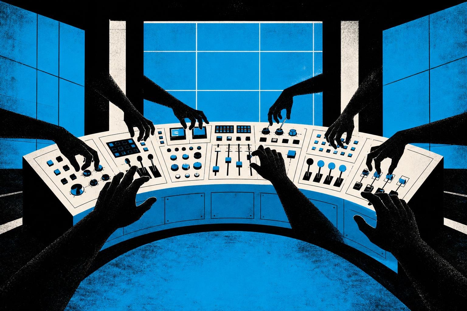 A gleaming control room's central console sits unguarded as shadowy hands reach through the darkness, flipping every switch and lever without showing a face.