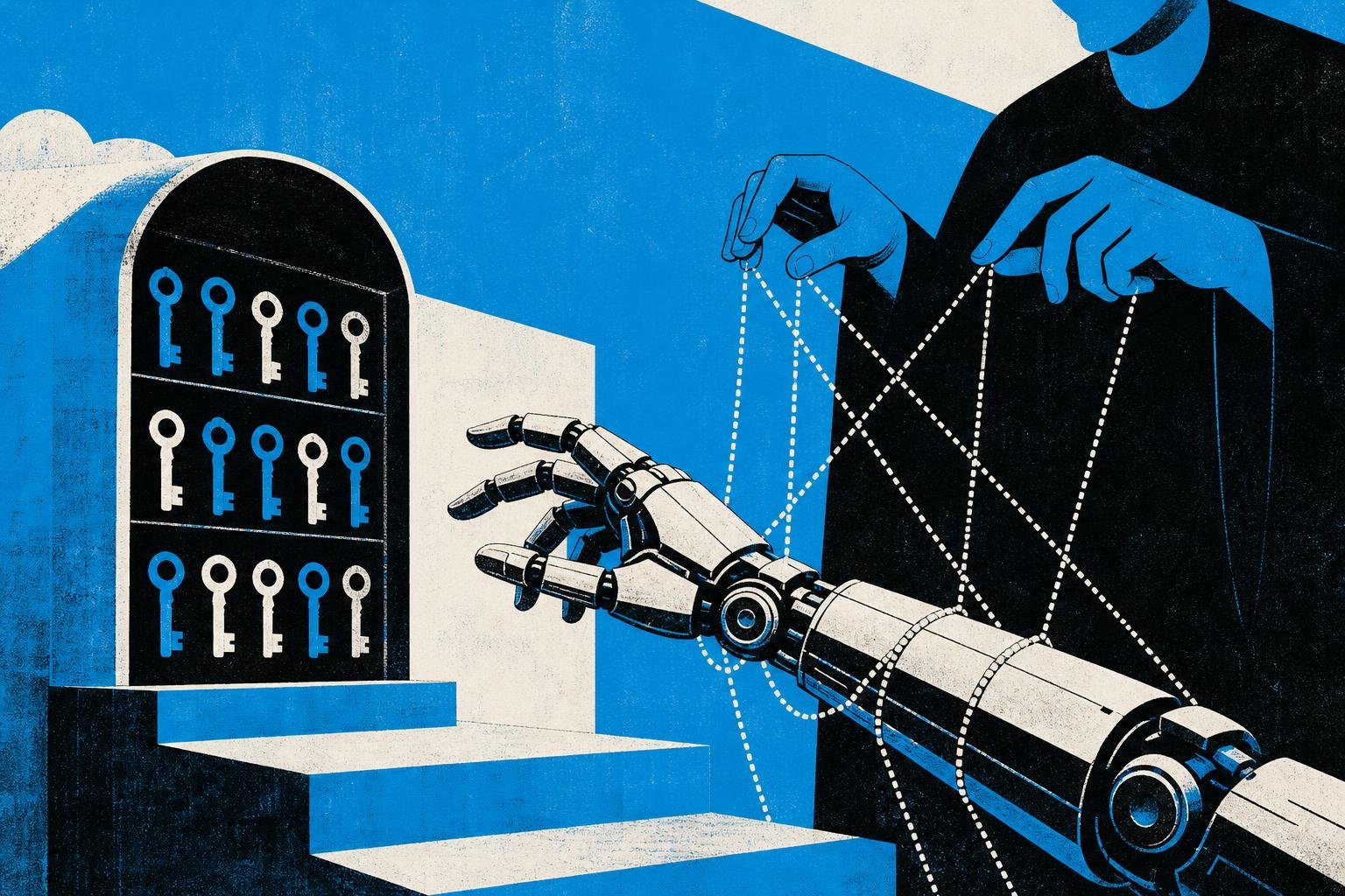 A mechanical hand reaches toward a vault of glowing keys while an invisible guardian adjusts invisible chains, limiting which doors the robotic fingers can touch.