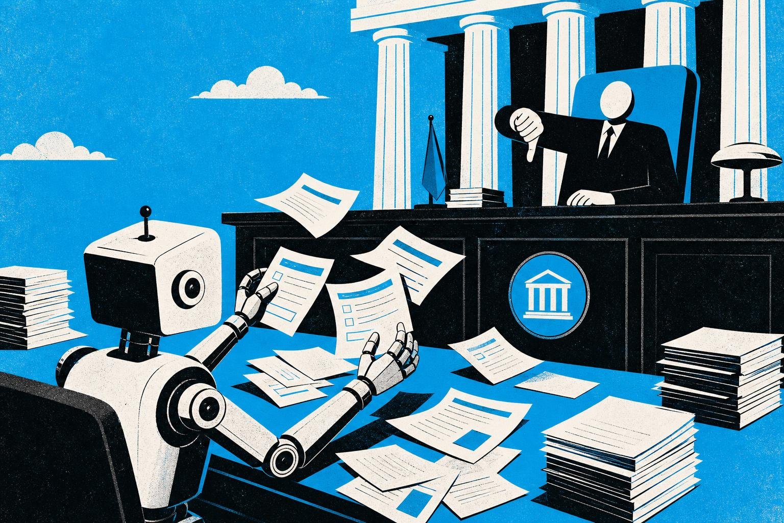 A robot's mechanical hands fumble with half-filled papers at a vast government desk, each form slipping away incomplete as a stern official shakes their head.