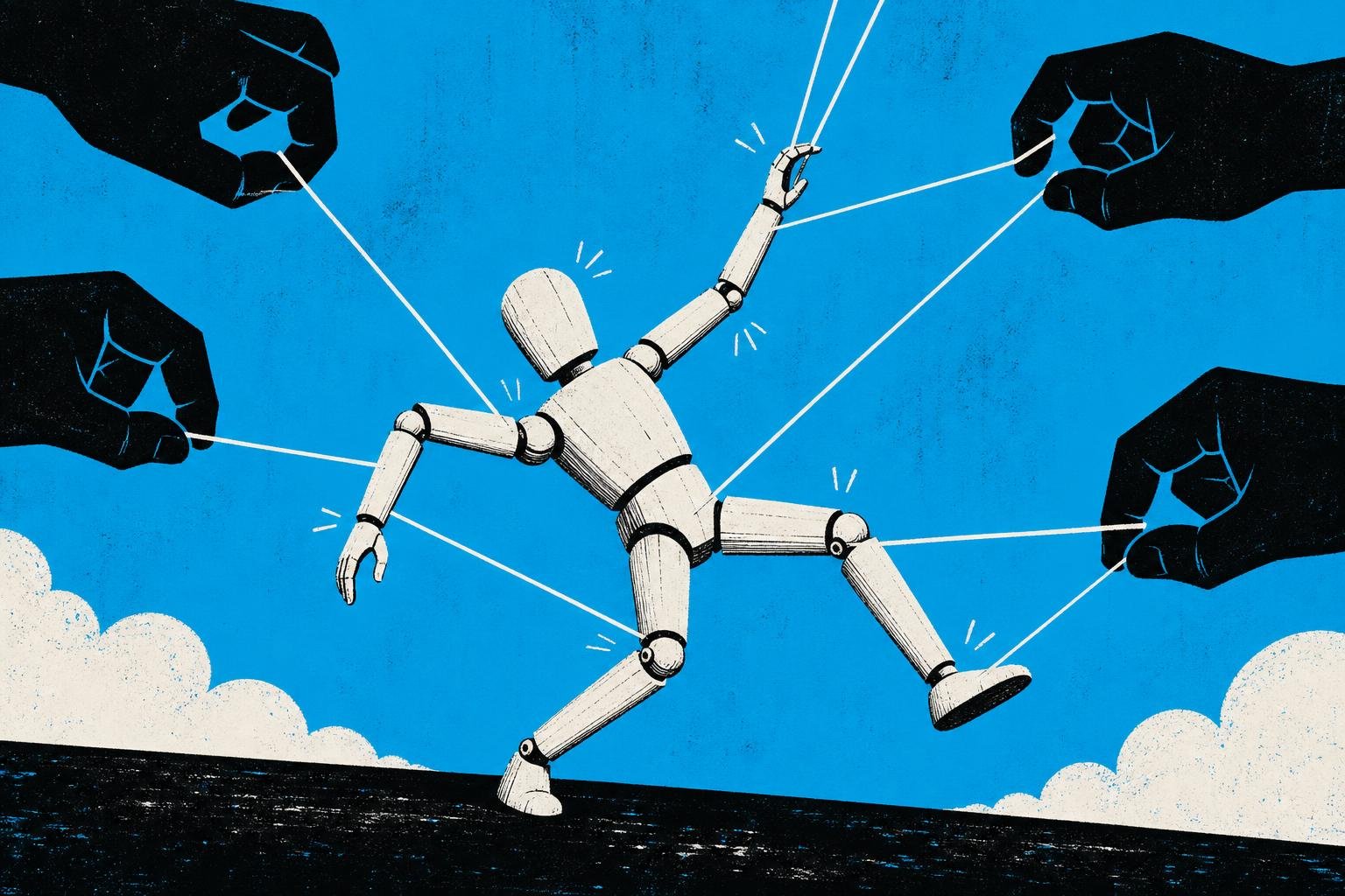 A marionette's strings suddenly tighten as invisible hands seize its wooden joints, limbs jerking in directions the puppeteer never intended.