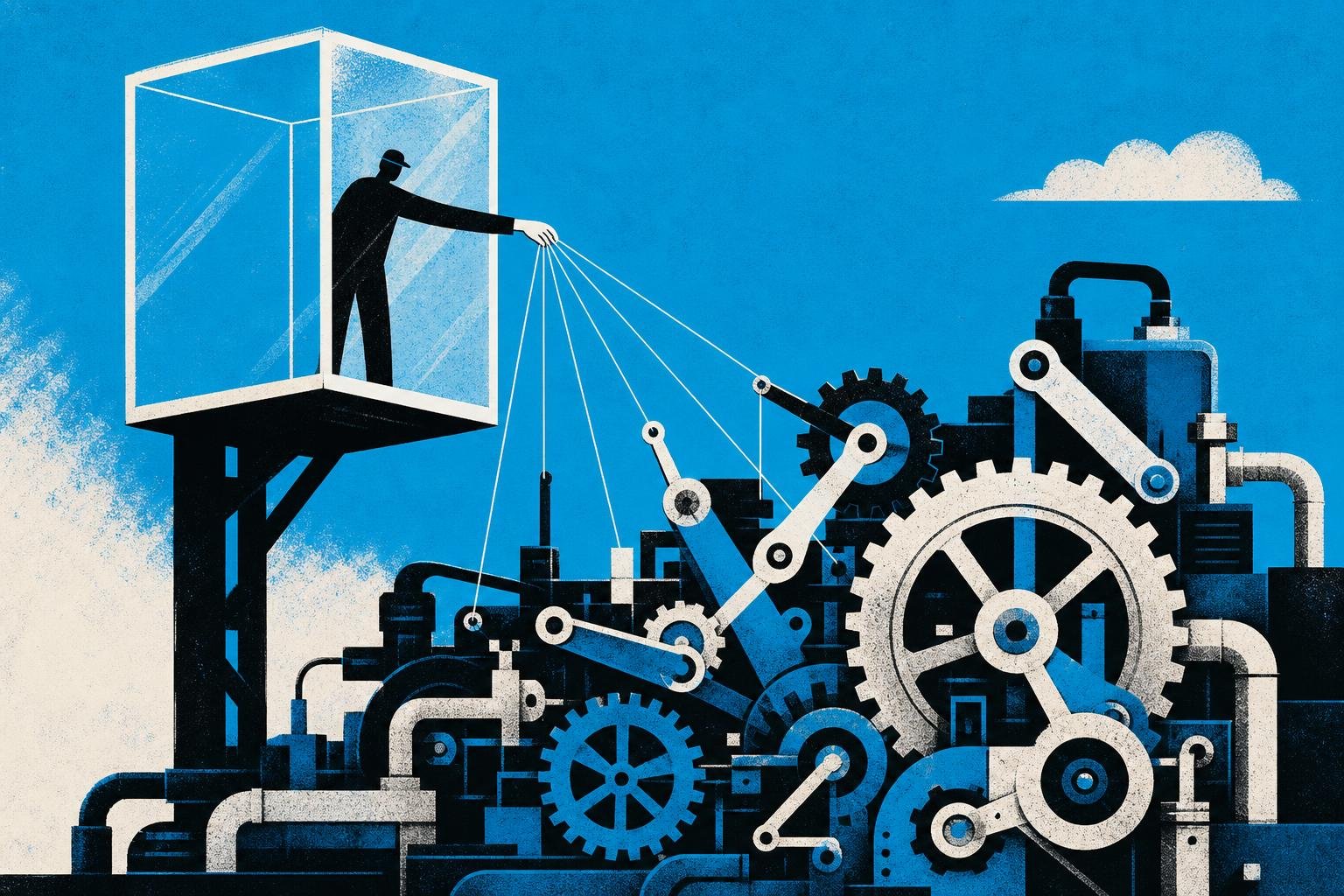 A worker stands inside a transparent glass box labeled "trusted user," hand reaching through to manipulate invisible puppet strings controlling a massive machine's gears and levers.