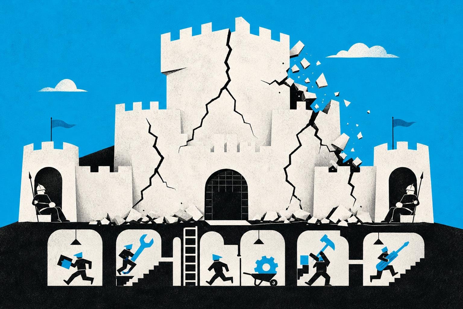 A fortress built from paper crumbles as four invisible cracks spread through its walls—guards sleep at gates while tools run freely in unmarked rooms below.