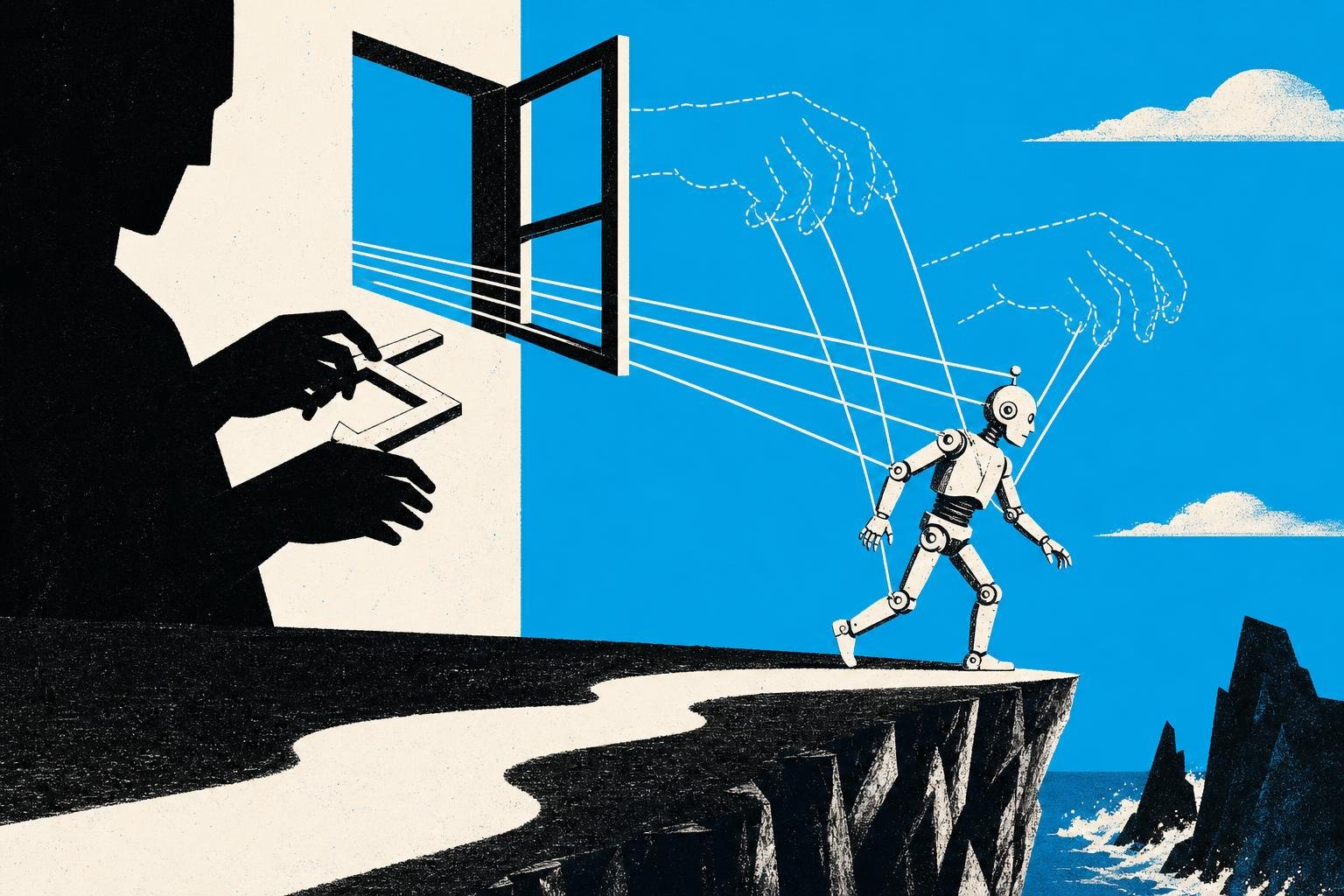 A puppet master's strings lead through an open window, where invisible hands pull a mechanical automaton away from its intended path toward hidden cliffs.