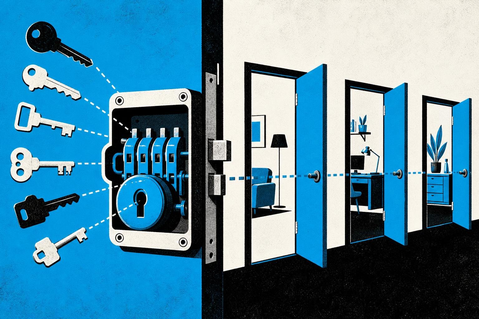 A door mechanism accepts any key shape without checking, allowing intruders to slip additional locks open—but only rooms they already had permission to enter.