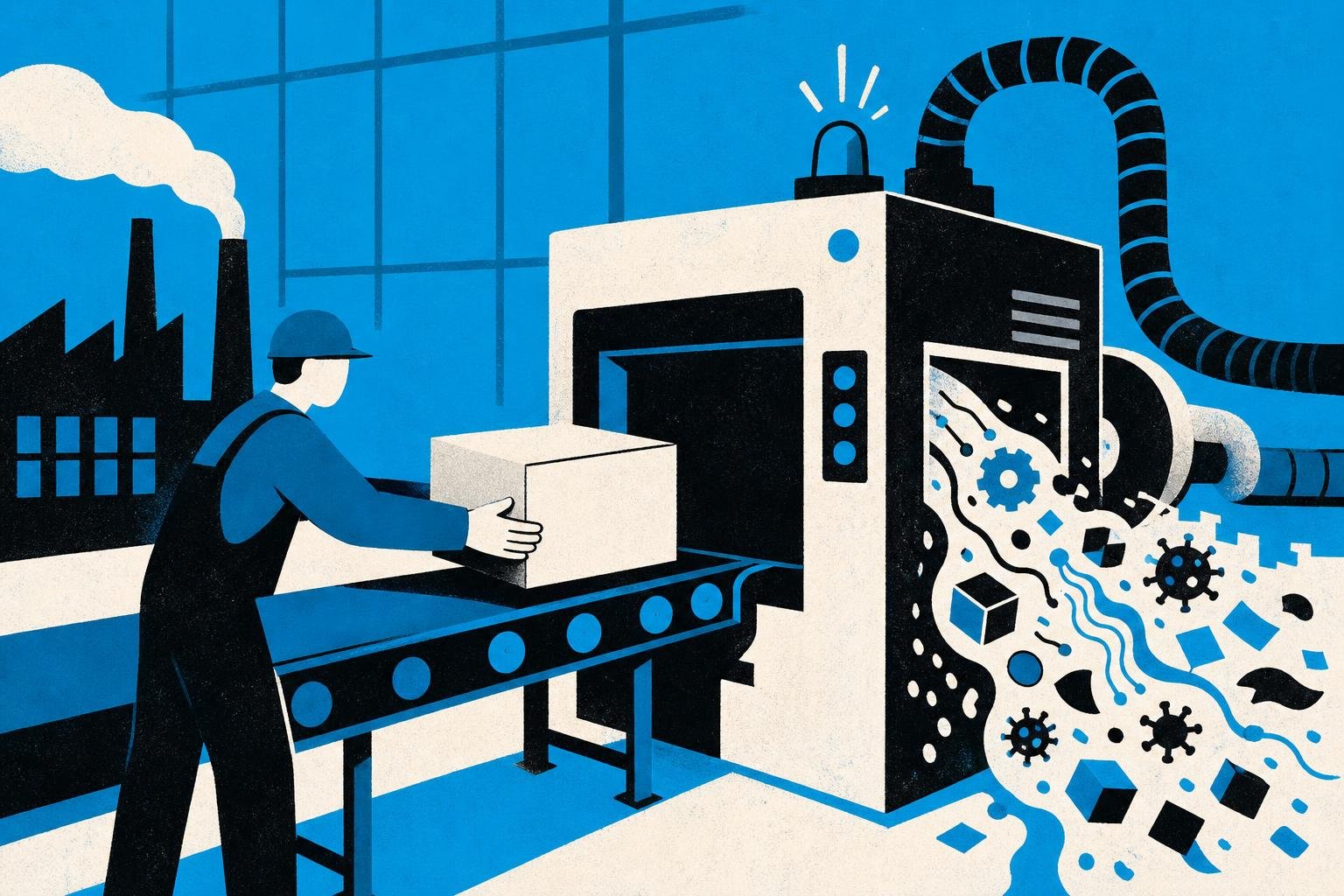 A factory worker hands an unmarked package directly to a machine without inspection, and it automatically unpacks and executes whatever's inside the sealed box.