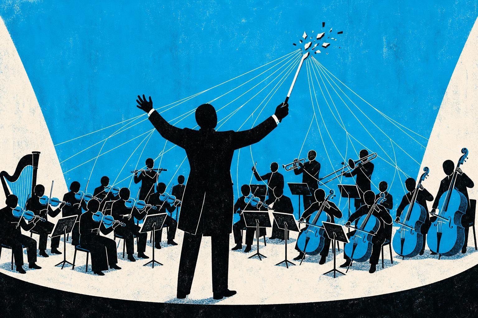 A conductor's baton shatters mid-performance, releasing invisible threads that puppet the entire orchestra's instruments without permission.