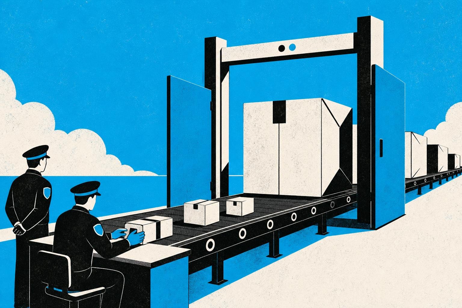 A security gate stands open as enormous boxes slip through on a conveyor belt, while uniformed guards check only the first small packages entering.