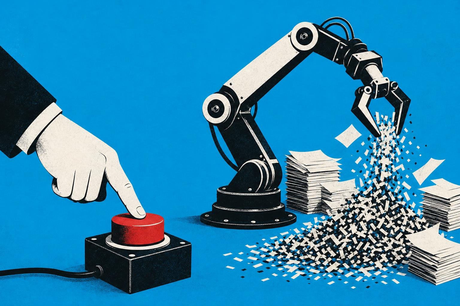 A hand pressing a red stop button while a mechanical arm continues unfolding, shredding papers beneath it regardless.
