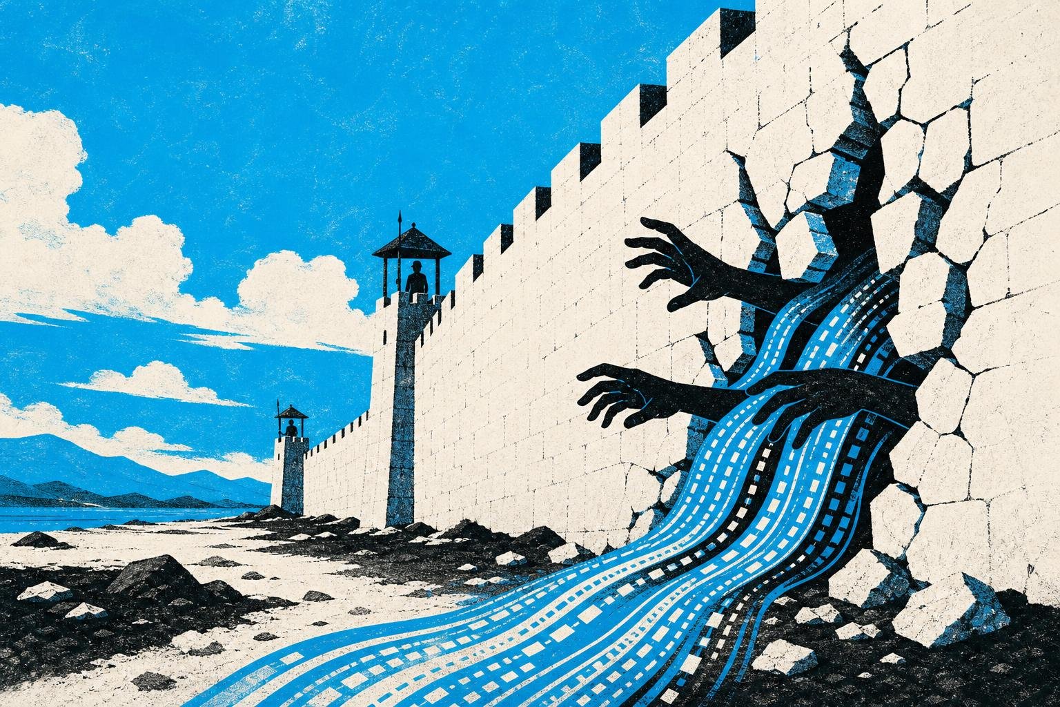 A fortress wall cracks open as unseen hands reach through the gaps, extracting glowing data streams while guards stand unaware at distant posts.