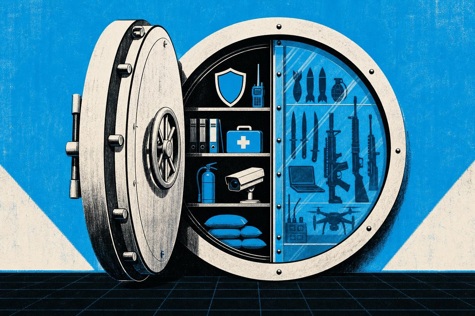 A locked vault door stands half-open, revealing defensive tools on one side while attack weapons remain sealed behind reinforced glass on the other.
