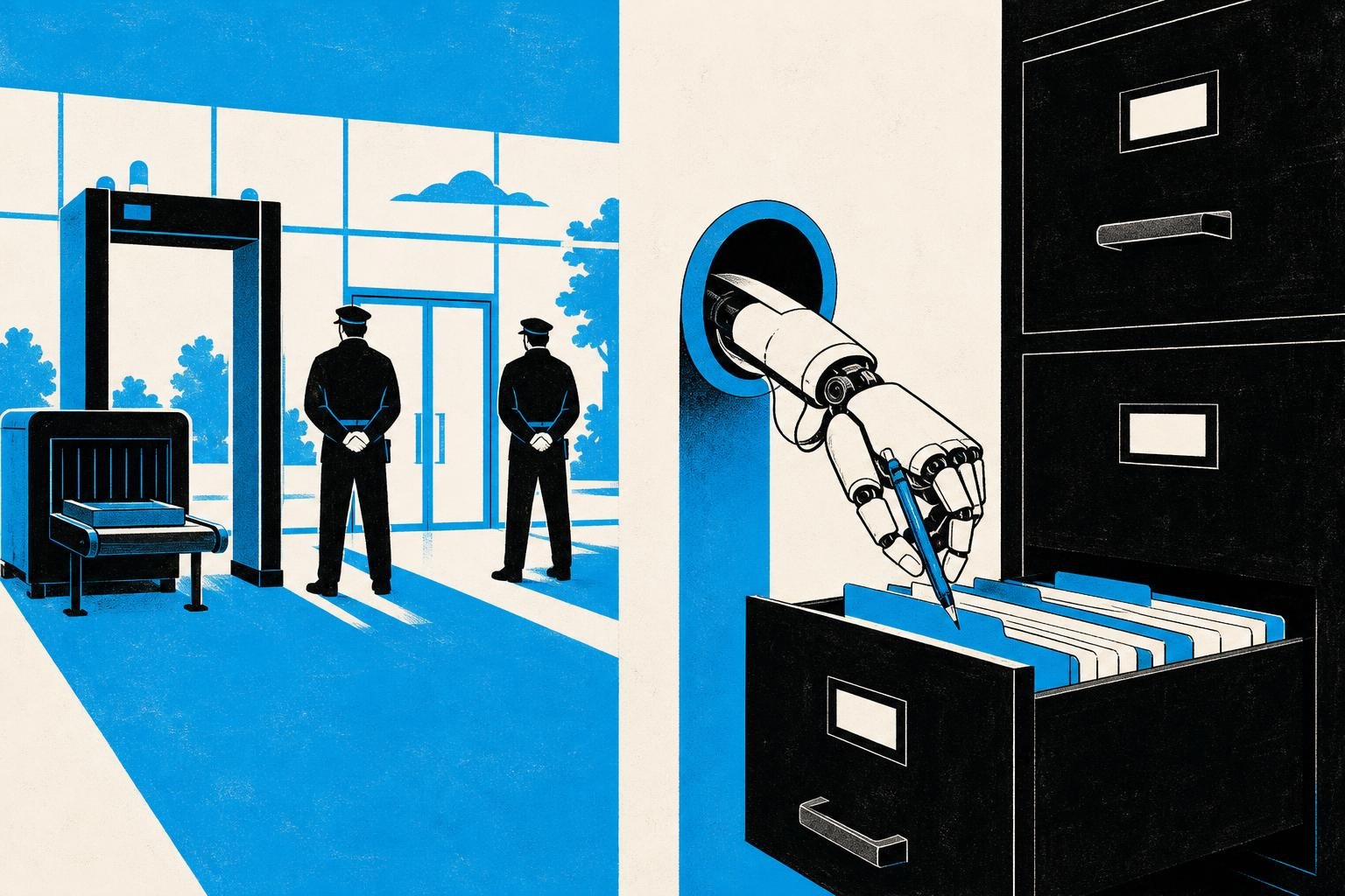 A robot's hand bypasses the security checkpoint, writing directly into a locked filing cabinet while guards watch the front door, oblivious.