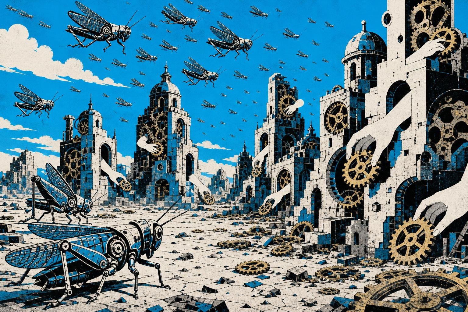 A swarm of locusts with mechanical joints strips bare a landscape of interlocking clockwork buildings, each losing golden gears to invisible hands reaching through their walls.