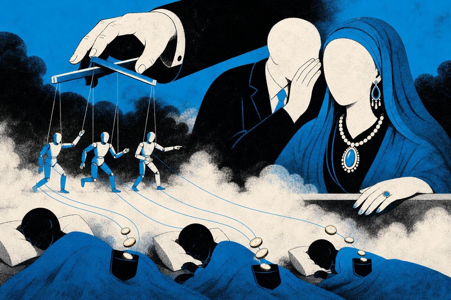 A puppet master's hand guides marionettes through a fog, whispering commands into an oracle's ear while invisible threads drain golden coins from sleeping victims' pockets.