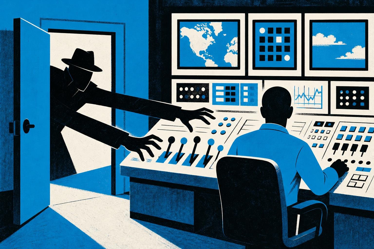 A figure reaches through an open door into a control room, hands grasping at levers and switches while the rightful operator sits unaware at their station.
