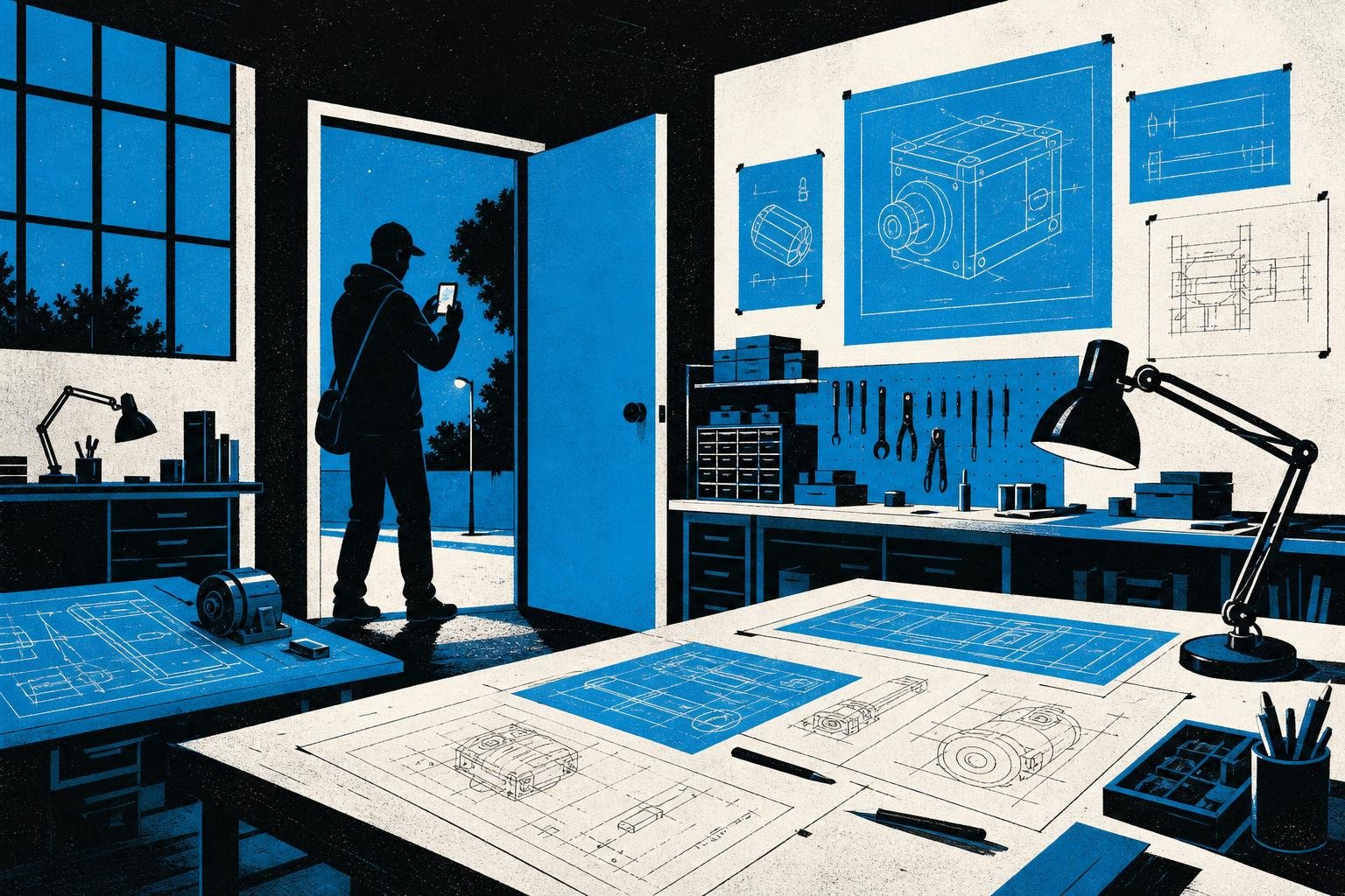 A developer's workshop lies open at night, blueprints scattered across tables as a stranger walks through the unlocked door, casually photographing every design and specification inside.