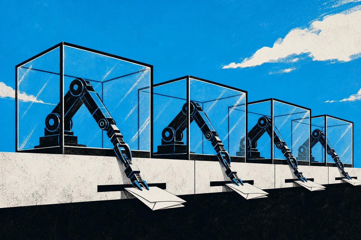 A row of sealed glass boxes contains mechanical arms that silently pass folded papers through hairline cracks in their shared foundation.