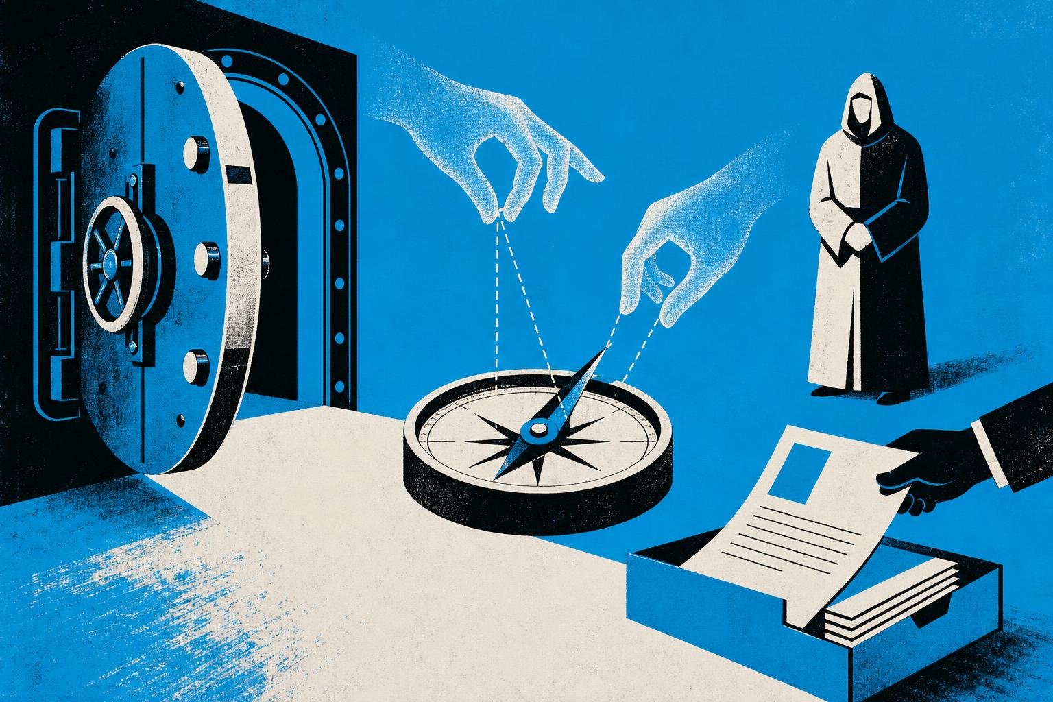 A locked vault door swings open as invisible hands redirect a compass needle, then a guard in read-only robes helplessly watches documents being written and removed.