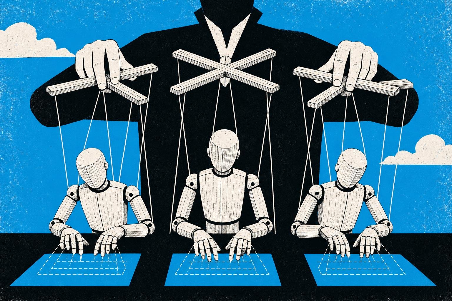 A puppet master's strings wind through three wooden marionettes, forcing their carved hands to type invisible commands into glowing terminals below them.