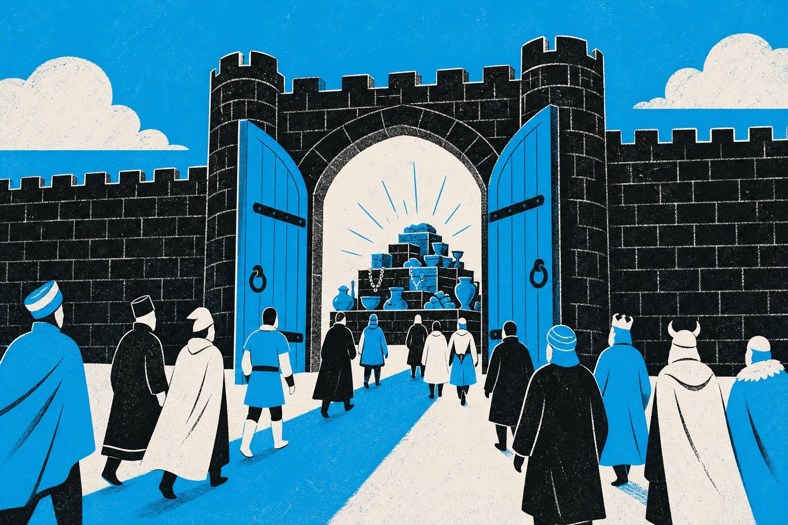 A fortress gate stands open by default; any visitor from any kingdom can walk through and demand treasures from the vault inside without showing credentials.