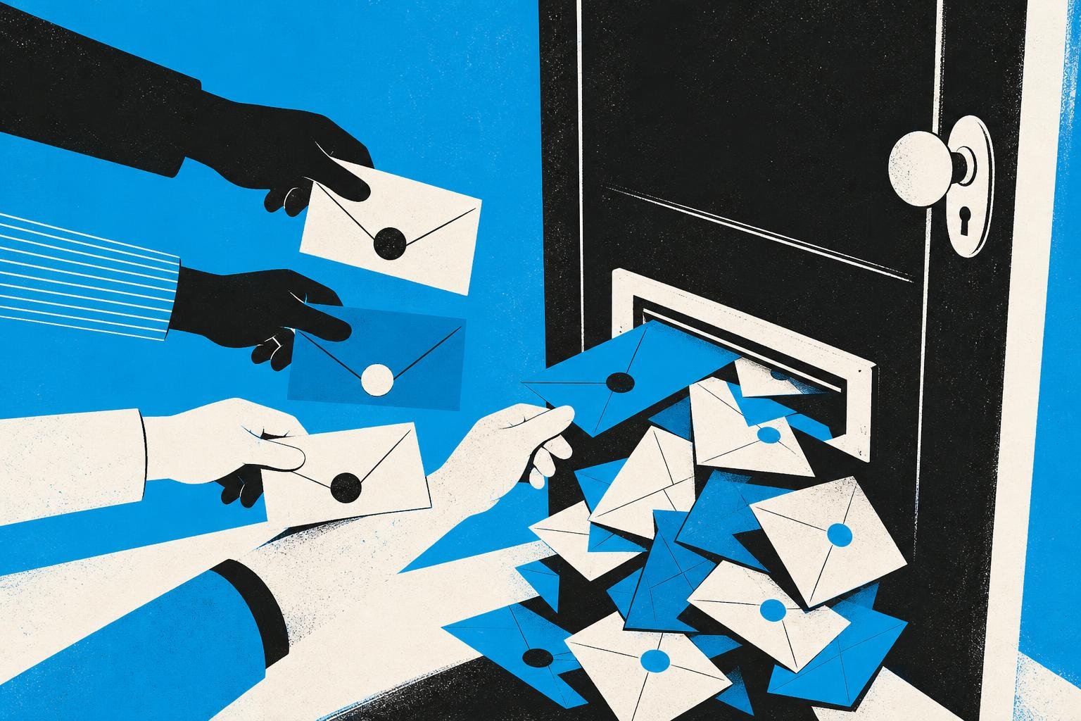 A mail slot in an unguarded door accepts envelopes from any hand without checking the sender's seal, allowing forged letters to flood the inbox unchallenged.