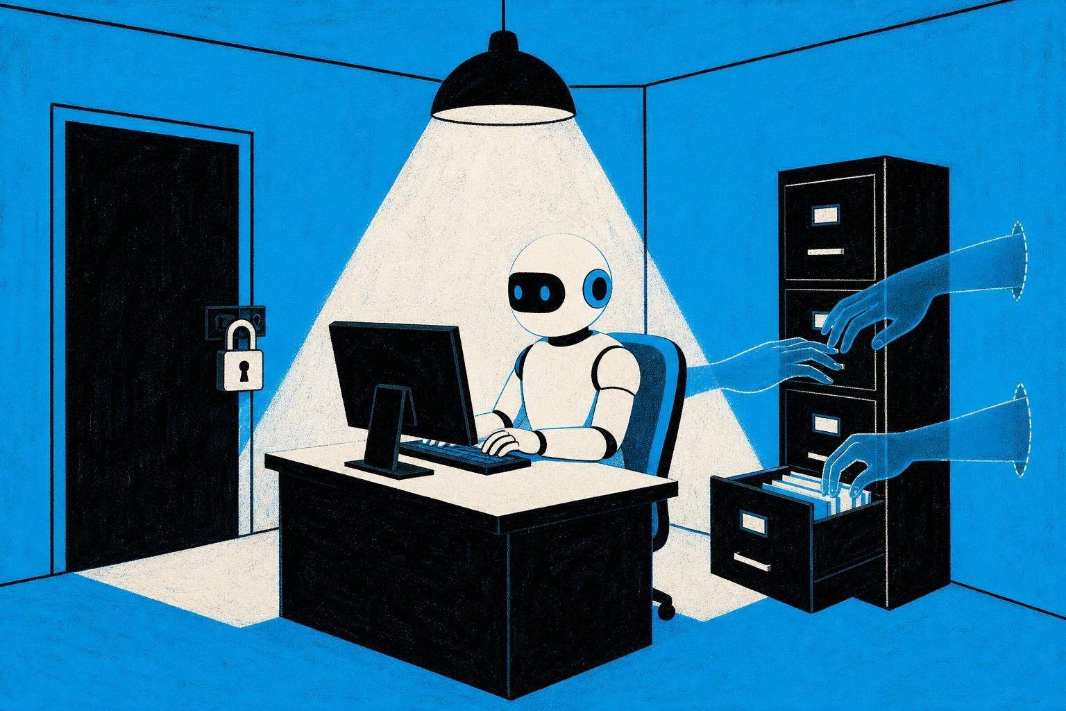 A digital agent sits at a desk in a locked room, unaware that invisible hands from outside the walls are typing commands on its keyboard, writing files into drawers it shouldn't touch.